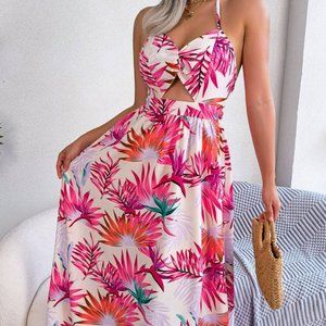 Tropical Print Halterneck Midi Dress - Size S